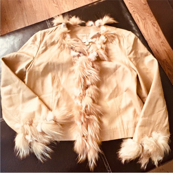 Cache Vintage Leather Jacket Rabbit Fur Trim Tan Cream Size Large - Picture 6 of 12
